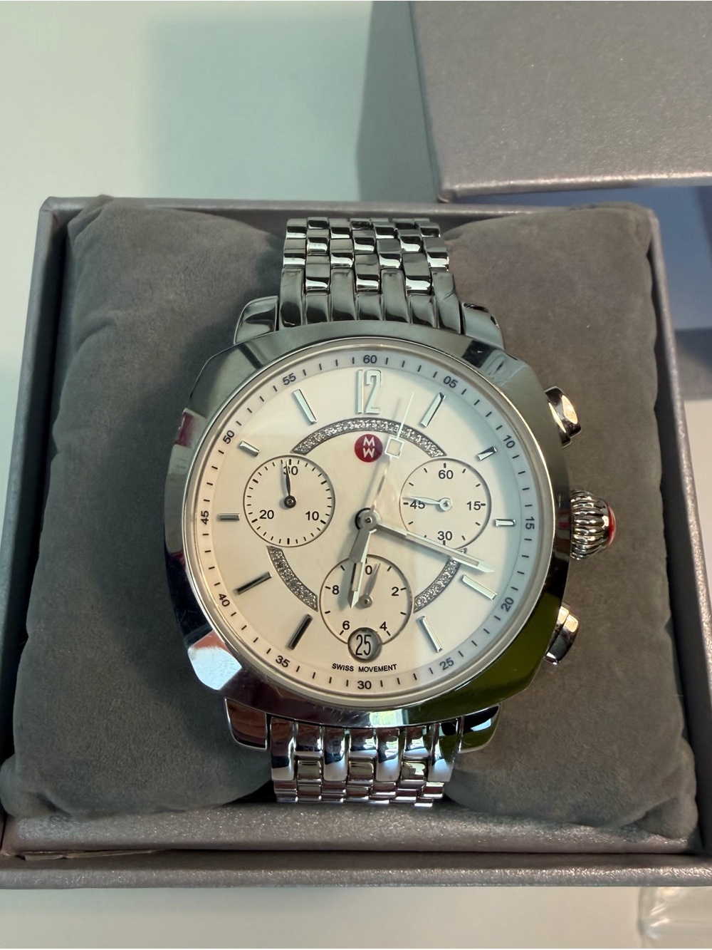 Michele Silver-Tone Stainless Steel Chronograph Watch with White Dial - Picture 8 of 12